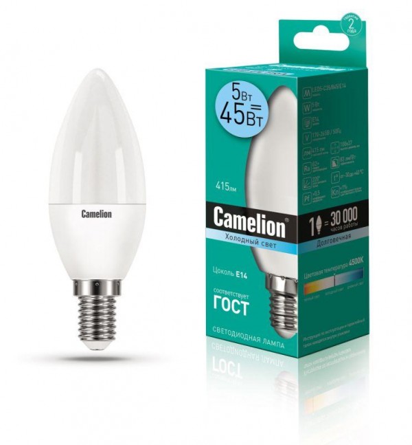  Лампа светодиодная LED5-C35/845/E14 5Вт свеча 4500К бел. E14 405лм 220-240В Camelion 12032 