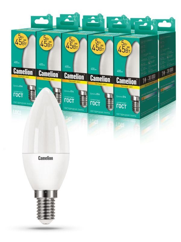  Лампа светодиодная LED5-C35/830/E14 5Вт свеча 3000К тепл. бел. E14 390лм 220-240В Camelion 12031 