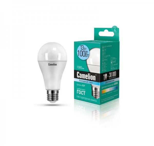  Лампа светодиодная LED13-A60/845/E27 13Вт грушевидная 4500К бел. E27 1085лм 220-240В Camelion 12046 