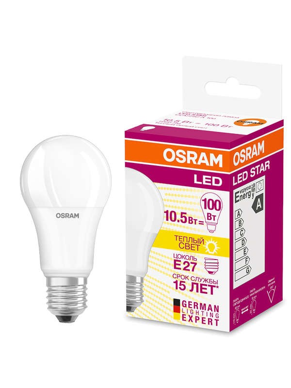  Лампа светодиодная LED STAR CLASSIC A 100 10W/827 10Вт грушевидная 2700К тепл. бел. E27 1060лм 220-240В матов. пласт. OSRAM 4052899971578 