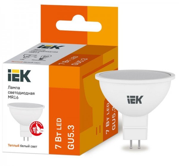  Лампа светодиодная ECO MR16 7Вт 3000К тепл. бел. GU5.3 630лм 230-240В ИЭК LLE-MR16-7-230-30-GU5 
