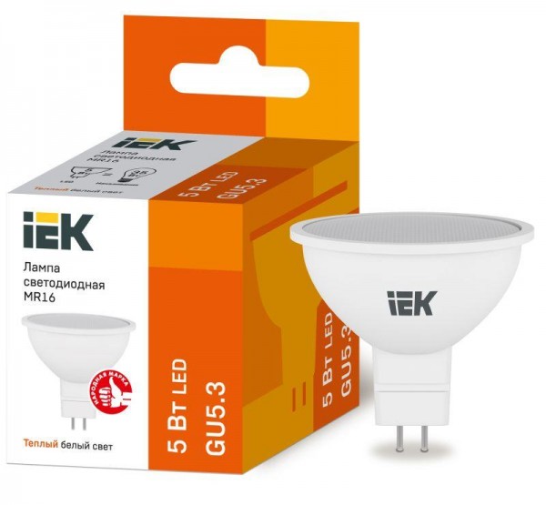  Лампа светодиодная ECO MR16 5Вт 3000К тепл. бел. GU5.3 450лм 230-240В ИЭК LLE-MR16-5-230-30-GU5 