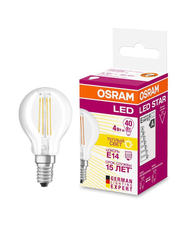  Лампа светодиодная филаментная LED STAR CLASSIC P 40 4W/827 4Вт шар 2700К тепл. бел. E14 470лм 220-240В прозр. стекл. OSRAM 4058075068377 