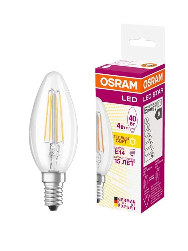  Лампа светодиодная филаментная LED STAR CLASSIC B 40 4W/827 4Вт свеча 2700К тепл. бел. E14 470лм 220-240В прозр. стекл. OSRAM 4058075068353 