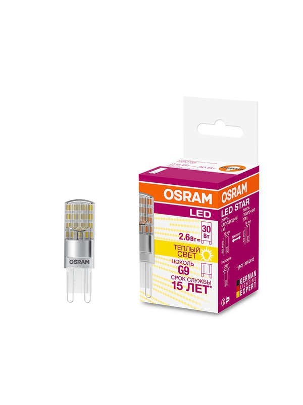  Лампа светодиодная LED STAR PIN30 2.6W/827 (замена 30Вт) 2.6Вт 2700К тепл. бел. G9 320лм 220-240В прозр. пласт. OSRAM 4058075056688 