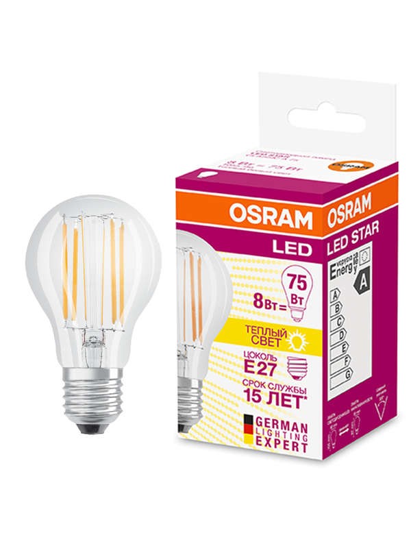  Лампа светодиодная филаментная LED STAR CLASSIC A 75 8W/827 8Вт грушевидная 2700К тепл. бел. E27 1055лм 220-240В прозр. стекл. OSRAM 4058075055339 