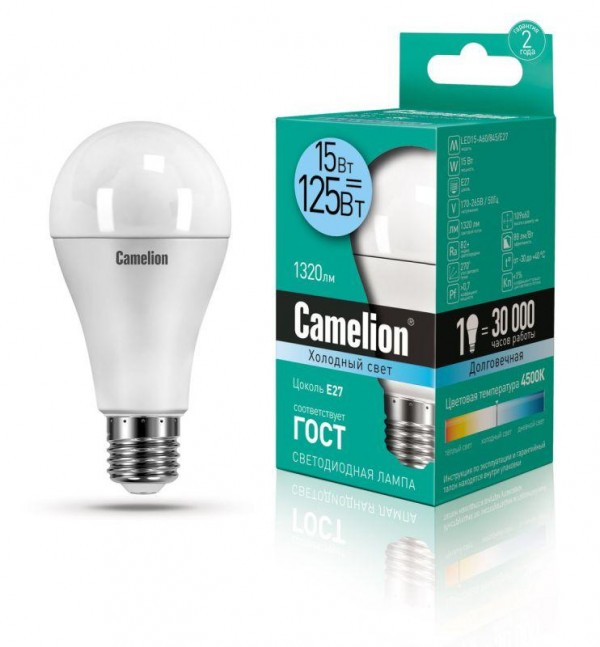  Лампа светодиодная LED15-A60/845/E27 15Вт грушевидная 4500К E27 1320лм 220В бел. Camelion 12186 