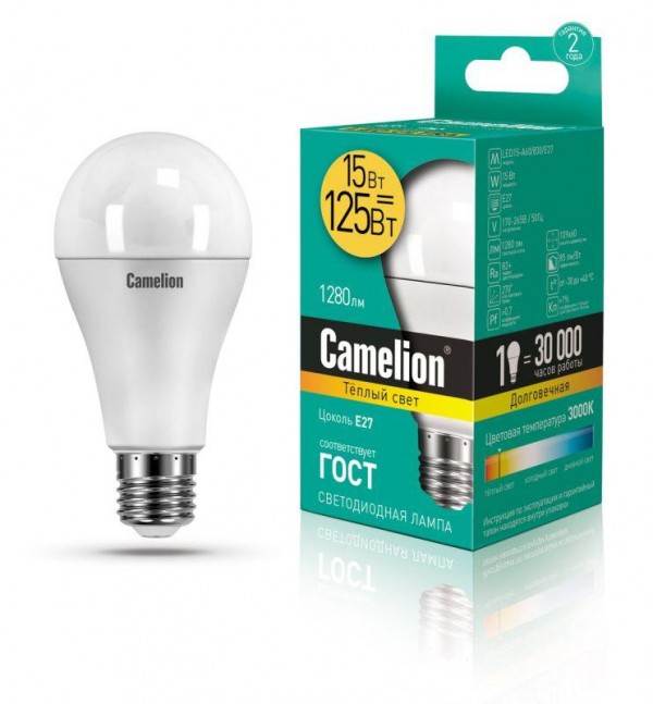  Лампа светодиодная LED15-A65/830/E27 15Вт грушевидная 3000К тепл. бел. E27 1280лм 170-265В Camelion 12196 / 12185 