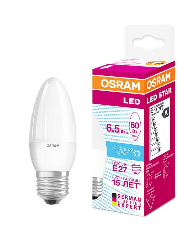  Лампа светодиодная LED STAR CLASSIC B 60 6.5W/840 6.5Вт свеча 4000К нейтр. бел. E27 550лм 220-240В матов. пласт. OSRAM 4058075134201 
