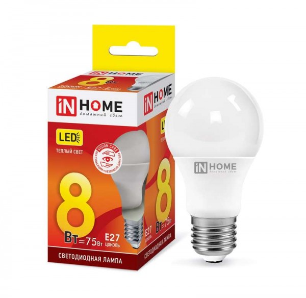  Лампа светодиодная LED-A60-VC 8Вт 230В E27 3000К 720Лм IN HOME 4690612024004 