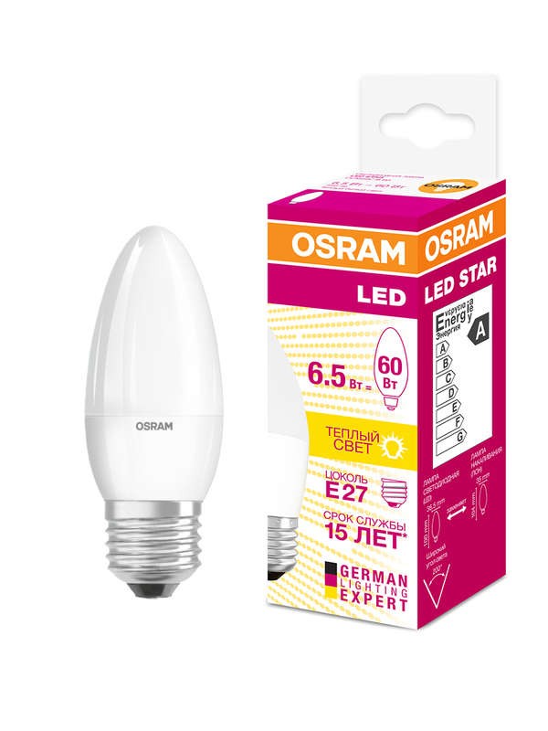  Лампа светодиодная LED STAR CLASSIC B 60 6.5W/830 6.5Вт свеча 3000К тепл. бел. E27 550лм 220-240В матов. пласт. OSRAM 4058075134232 