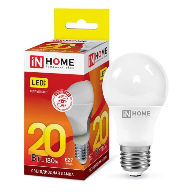  Лампа светодиодная LED-A60-VC 20Вт 230В E27 3000К 1800лм IN HOME 4690612020297 