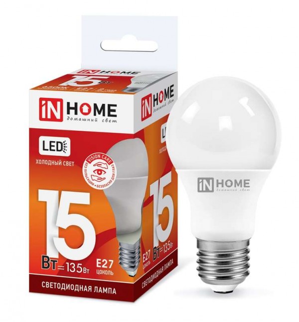  Лампа светодиодная LED-A60-VC 15Вт 230В E27 6500К 1350лм IN HOME 4690612020280 