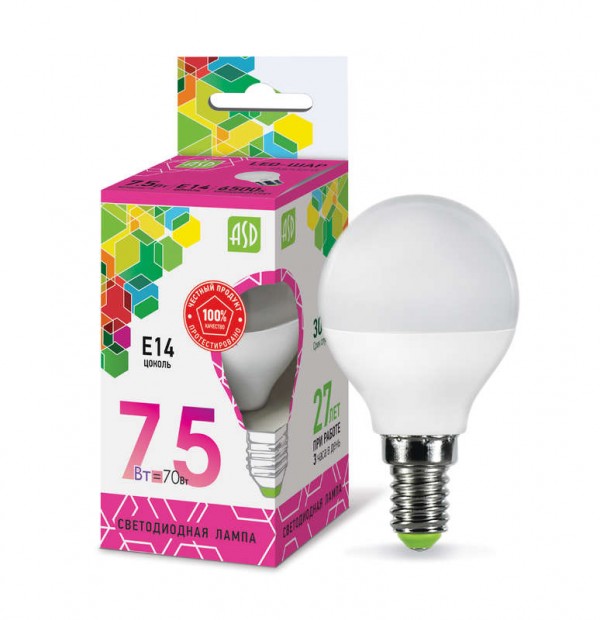  Лампа светодиодная LED-ШАР-standard 7.5Вт 230В E14 6500К 675Лм ASD 4690612019017 