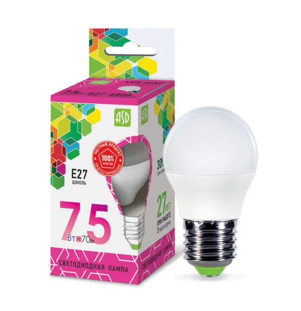  Лампа светодиодная LED-ШАР-standard 7.5Вт 230В E27 6500К 675Лм ASD 4690612019154 
