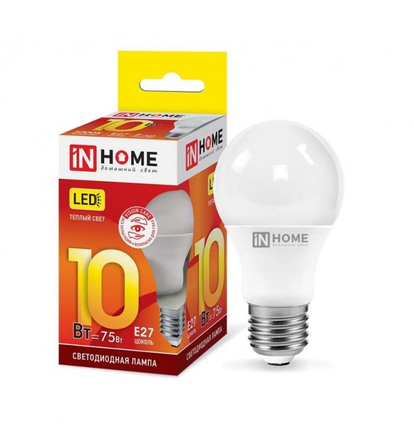  Лампа светодиодная LED-A60-VC 10Вт 230В E27 3000К 900Лм IN HOME 4690612020204 