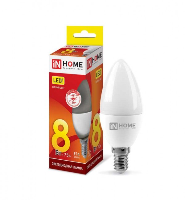  Лампа светодиодная LED-СВЕЧА-VC 8Вт 230В E14 3000К 720лм IN HOME 4690612020426 