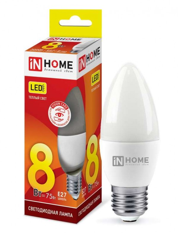 Лампа светодиодная LED-СВЕЧА-VC 8Вт 230В E27 3000К 720лм IN HOME 4690612020440 