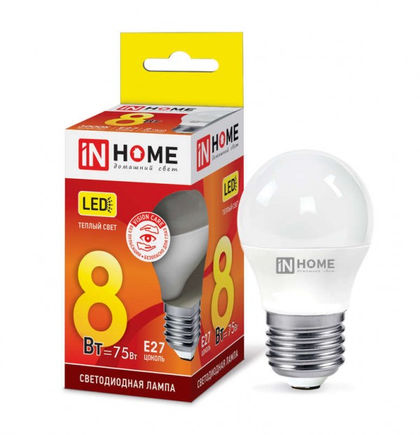  Лампа светодиодная LED-ШАР-VC 8Вт 230В E27 3000К 720лм IN HOME 4690612020563 