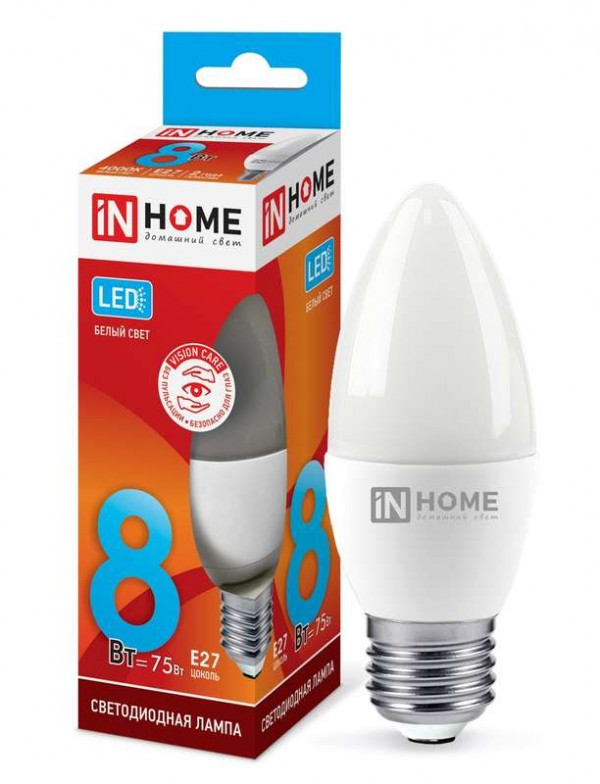  Лампа светодиодная LED-СВЕЧА-VC 8Вт 230В E27 4000К 720лм IN HOME 4690612020457 