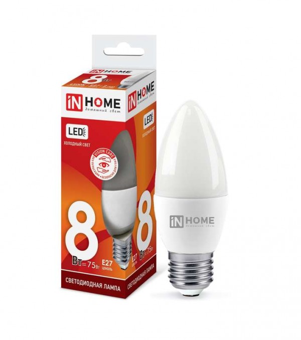  Лампа светодиодная LED-СВЕЧА-VC 8Вт 230В E27 6500К 720лм IN HOME 4690612024820 
