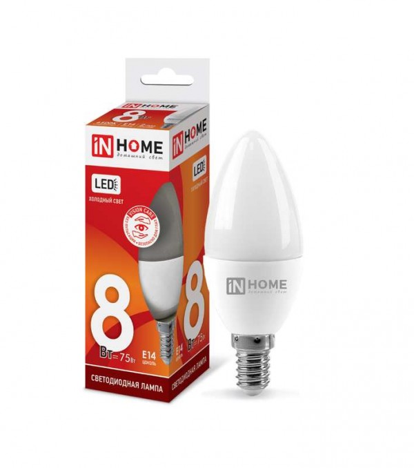  Лампа светодиодная LED-СВЕЧА-VC 8Вт 230В E14 6500К 720лм IN HOME 4690612024806 