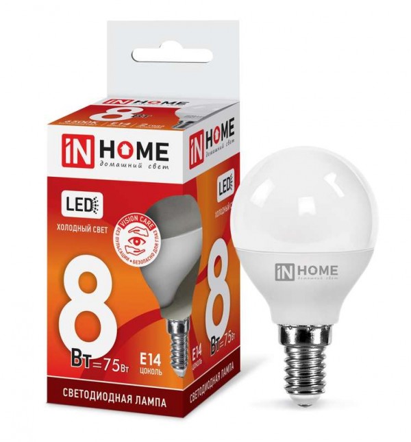  Лампа светодиодная LED-ШАР-VC 8Вт 230В E14 6500К 720лм IN HOME 4690612024882 
