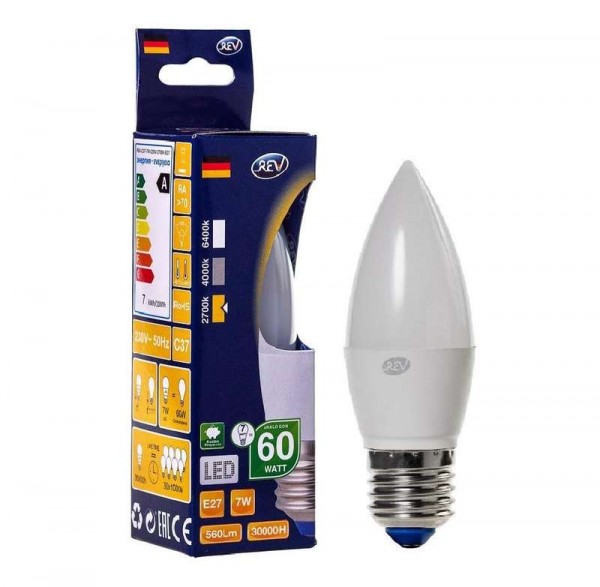  Лампа светодиодная C37 7Вт свеча 2700К тепл. бел. E27 600лм 180-240В REV 32347 1 