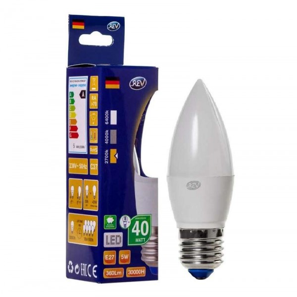  Лампа светодиодная C37 5Вт свеча 2700К тепл. бел. E27 420лм 180-240В REV 32273 3 