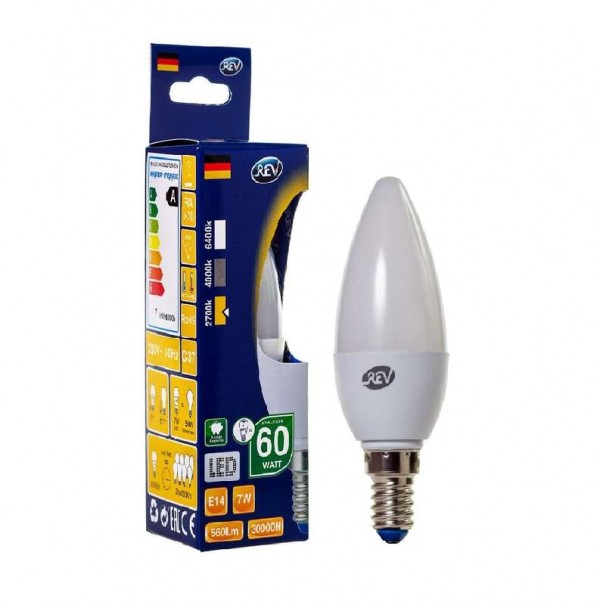  Лампа светодиодная C37 7Вт свеча 2700К тепл. бел. E14 600лм 180-240В REV 32349 5 