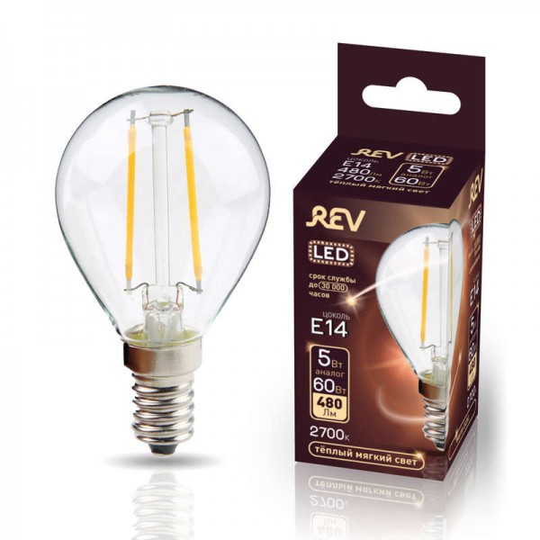  Лампа светодиодная G45 E14 5Вт 480Лм 2700К PREMIUM (FILAMENT) теплый свет REV 32357 0 