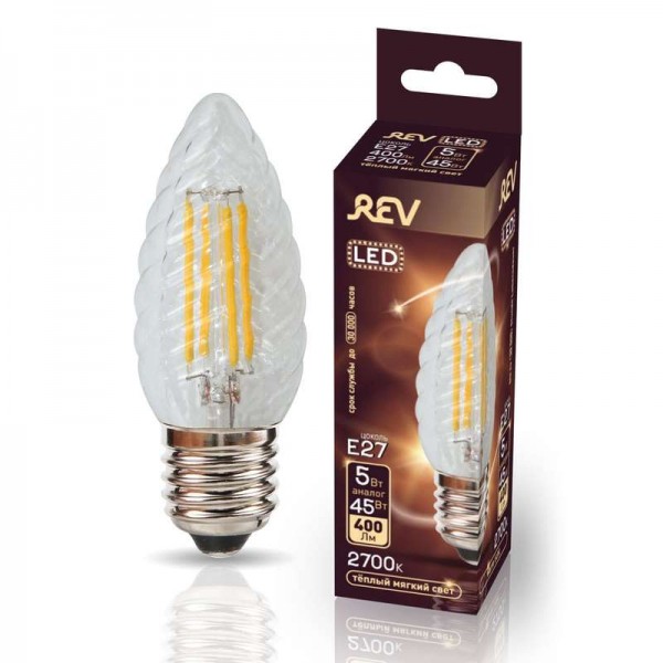  Лампа светодиодная TC37 E27 5Вт 480лм 2700К PREMIUM (FILAMENT) филамент теплый свет свеча витая REV 32426 3 