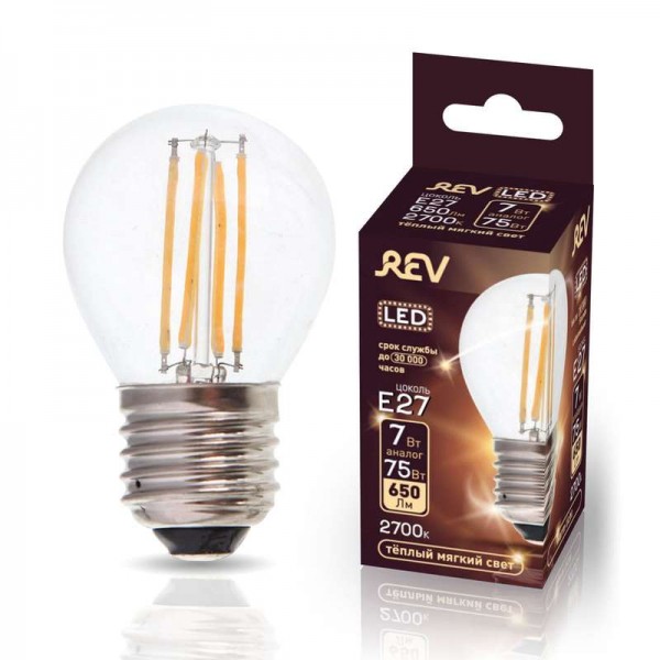  Лампа светодиодная G45 E27 7Вт 650лм 2700К PREMIUM (FILAMENT) филамент теплый свет шар REV 32443 0 
