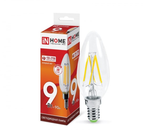  Лампа светодиодная LED-СВЕЧА-deco 9Вт 230В Е14 6500К 810Лм прозр. IN HOME 4690612030197 