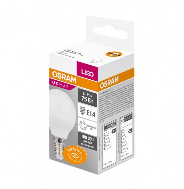  Лампа светодиодная VALUE CLP75 8W/840 230В FR E14 OSRAM 4058075475175 