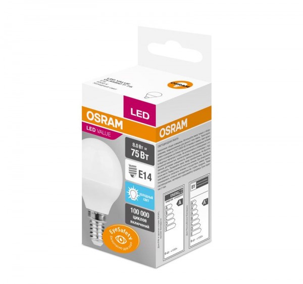  Лампа светодиодная VALUE CLP75 8W/865 230В FR E14 OSRAM 4058075475205 