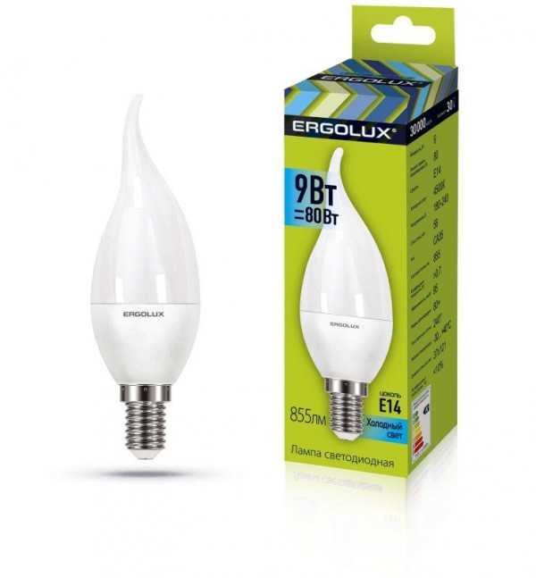 Лампа светодиодная LED-CA35-9W-E14-4K "Свеча на ветру" 9Вт E14 4500К 180-240В Ergolux 14227 