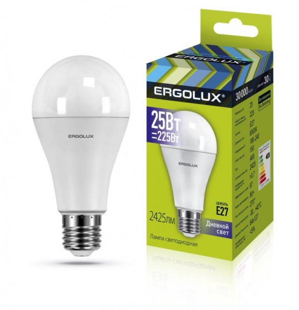  Лампа светодиодная LED-A65-25W-E27-6K ЛОН 25Вт E27 6500К 180-240В Ergolux 14228 