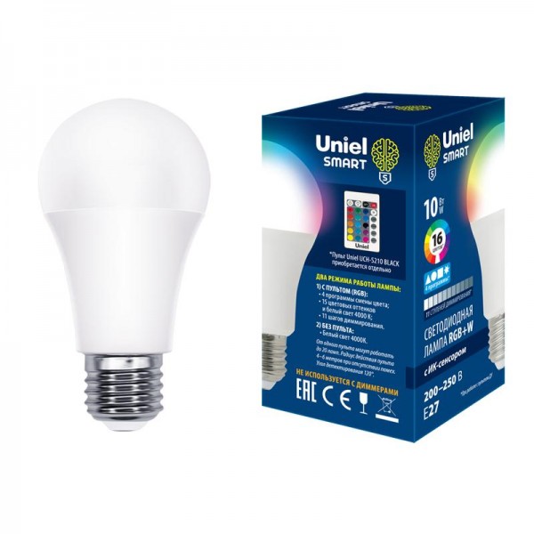  Лампа светодиодная LED-A60-10W/RGB/E27/REG PLS21WH с ИК сенсором RGB свет пульт ДУ (н/к) колба мат. картон Uniel UL-00006530 
