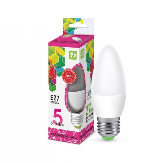  Лампа светодиодная LED-СВЕЧА-standard 5Вт 230В Е27 6500К 450лм ASD 4690612034096 
