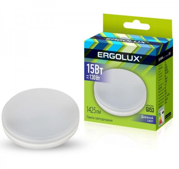  Лампа светодиодная LED-GX53-15W-GX53-6K 15Вт GX53 6500К 180-240В Ergolux 14240 