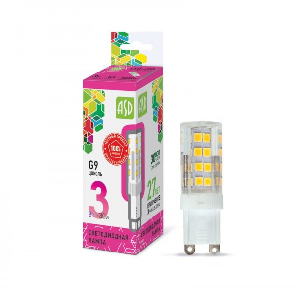  Лампа светодиодная LED-JCD-standard 3Вт 230В 6500К G9 270лм ASD 4690612026435 