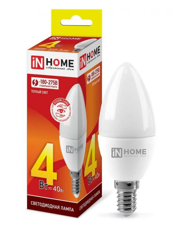  Лампа светодиодная LED-СВЕЧА-VC 4Вт 230В E14 3000К 360лм IN HOME 4690612030173 