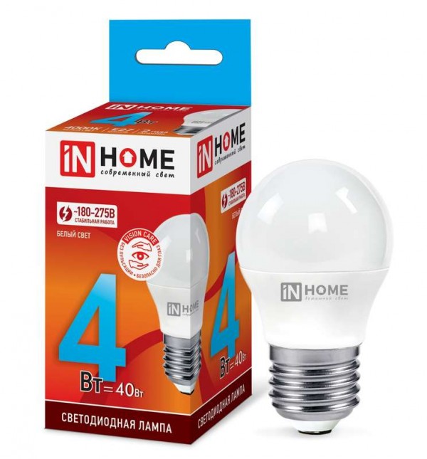  Лампа светодиодная LED-ШАР-VC 4Вт 230В E27 4000К 360лм IN HOME 4690612030593 