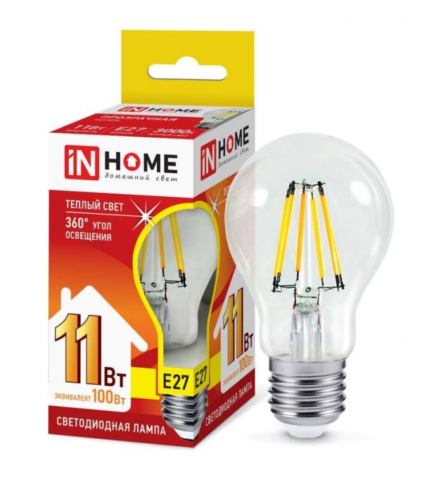  Лампа светодиодная LED-A60-deco 11Вт 230В Е27 3000К 990лм прозр. IN HOME 4690612026121 