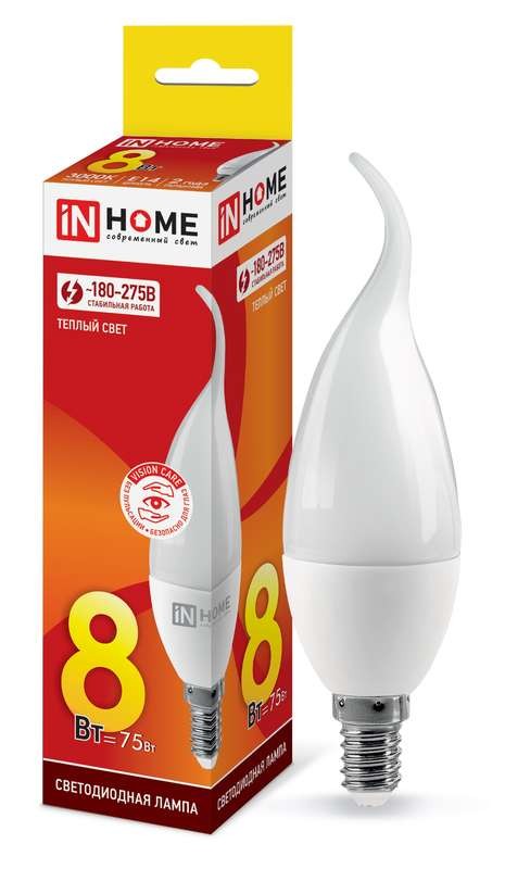  Лампа светодиодная LED-СВЕЧА НА ВЕТРУ-VC 8Вт 230В E14 3000К 720лм IN HOME 4690612030418 
