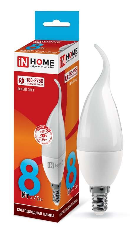  Лампа светодиодная LED-СВЕЧА НА ВЕТРУ-VC 8Вт 230В E14 4000К 720лм IN HOME 4690612030432 