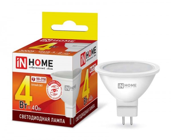  Лампа светодиодная LED-JCDR-VC 4Вт 230В GU5.3 3000К 310лм IN HOME 4690612030678 