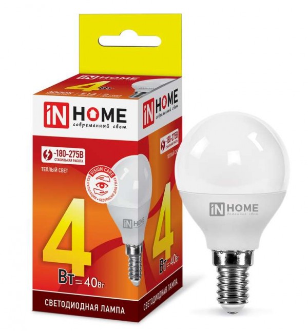  Лампа светодиодная LED-ШАР-VC 4Вт 230В E14 3000К 360лм IN HOME 4690612030517 