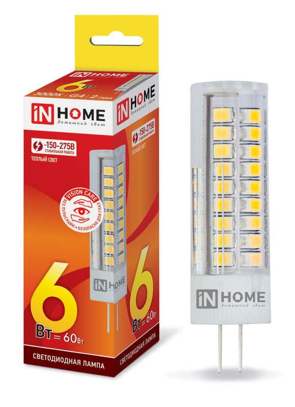  Лампа светодиодная LED-JCD-VC 6Вт 230В G4 3000К 540лм IN HOME 4690612028590 